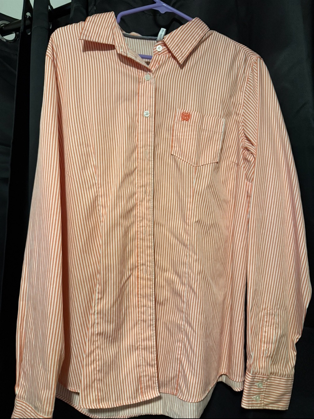 Peach pinstripe women’s cinch button up